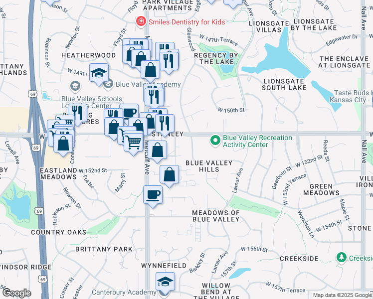 map of restaurants, bars, coffee shops, grocery stores, and more near 6855 West 151st Terrace in Overland Park