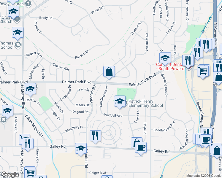 map of restaurants, bars, coffee shops, grocery stores, and more near 1465 Shadberry Court in Colorado Springs