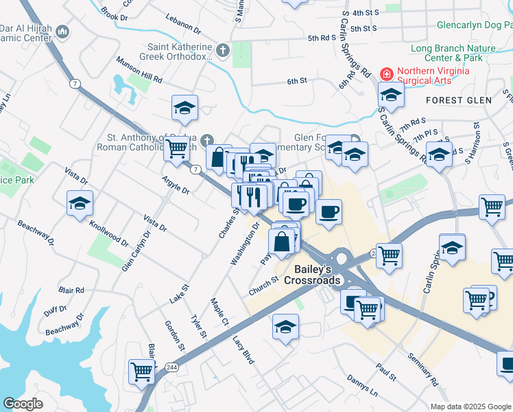 map of restaurants, bars, coffee shops, grocery stores, and more near 5890 Virginia 7 in Bailey's Crossroads