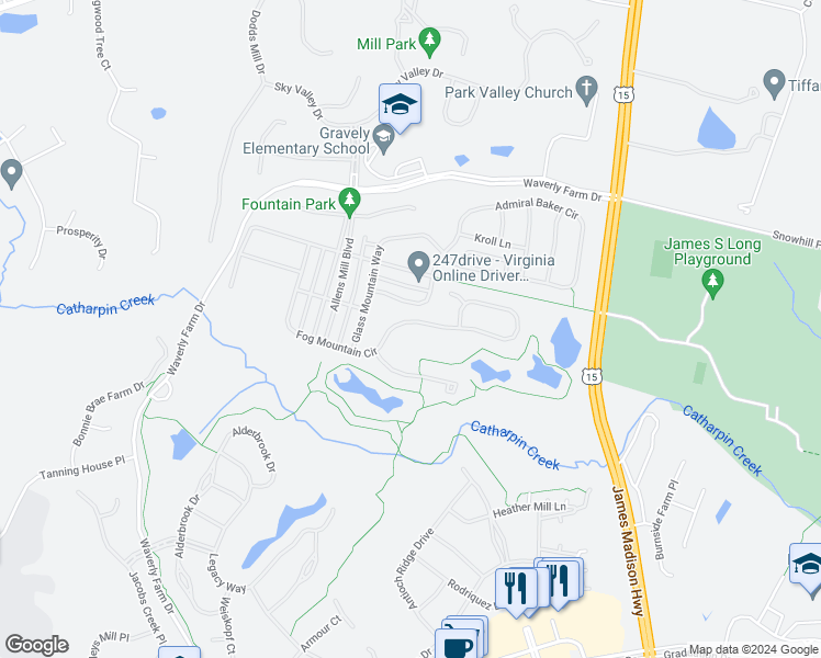 map of restaurants, bars, coffee shops, grocery stores, and more near 15265 Fog Mountain Circle in Haymarket