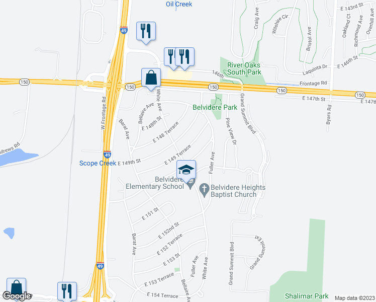 map of restaurants, bars, coffee shops, grocery stores, and more near 6305 East 149 Terrace in Grandview