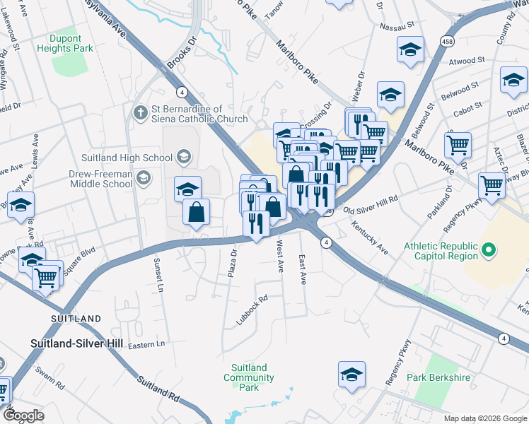 map of restaurants, bars, coffee shops, grocery stores, and more near 5500 Silver Hill Rd in Suitland-Silver Hill