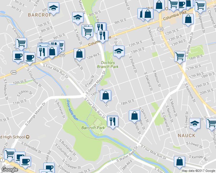 map of restaurants, bars, coffee shops, grocery stores, and more near 4207 16th Street South in Arlington