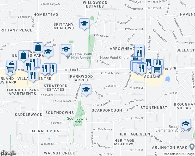 map of restaurants, bars, coffee shops, grocery stores, and more near 1820 East 152nd Circle in Olathe