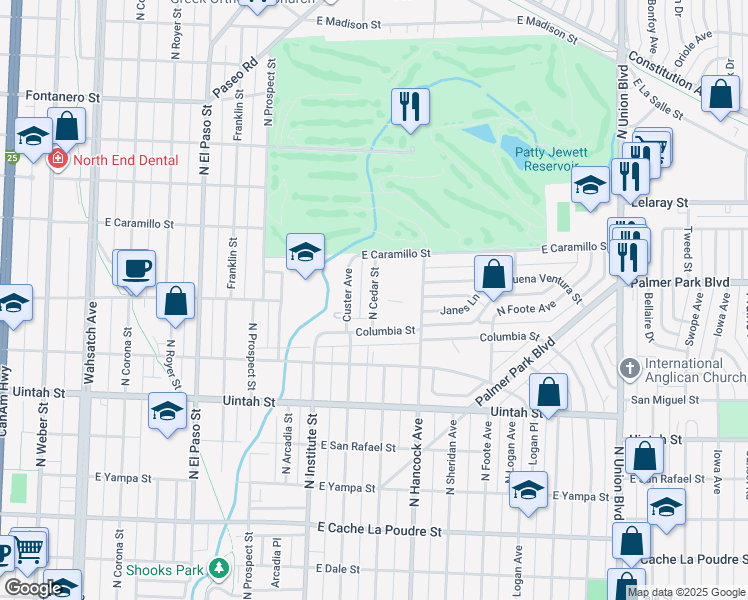 map of restaurants, bars, coffee shops, grocery stores, and more near 1412 North Cedar Street in Colorado Springs