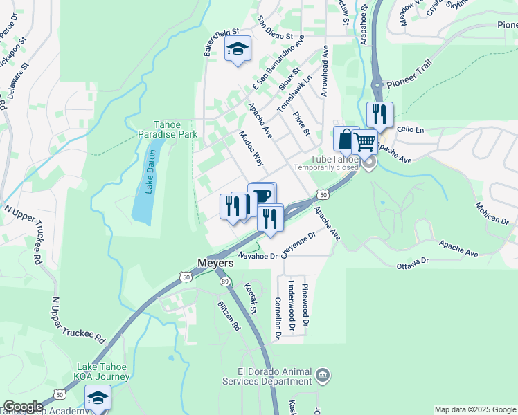 map of restaurants, bars, coffee shops, grocery stores, and more near 1078 Magua Street in South Lake Tahoe