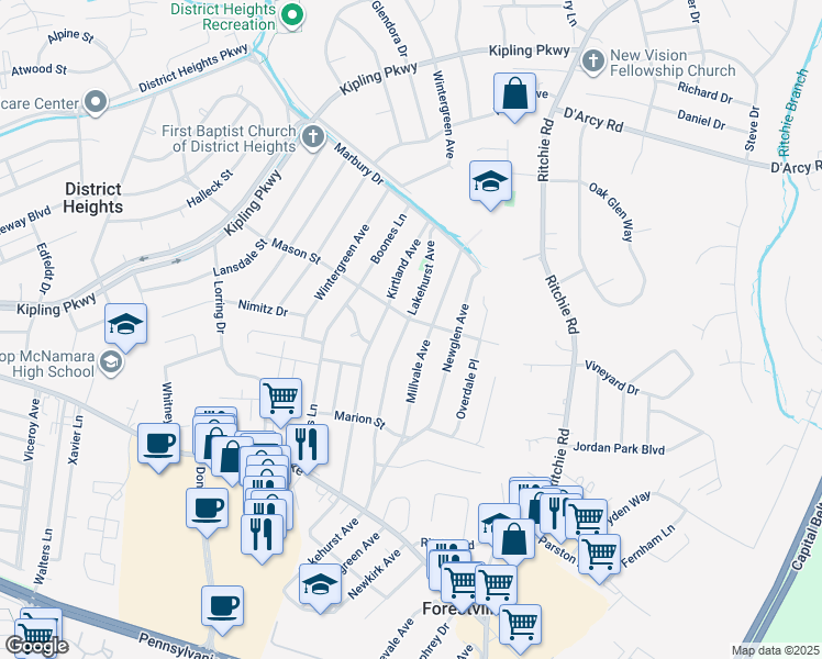 map of restaurants, bars, coffee shops, grocery stores, and more near 2602 Lakehurst Avenue in District Heights