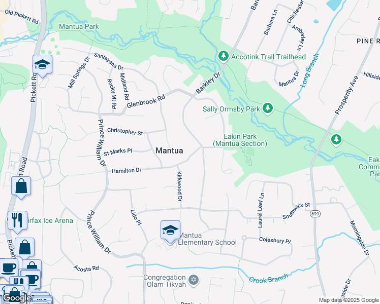 map of restaurants, bars, coffee shops, grocery stores, and more near 9016 Hamilton Drive in Fairfax
