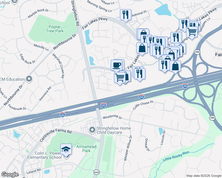 map of restaurants, bars, coffee shops, grocery stores, and more near 13125 Quail Creek Lane in Fairfax