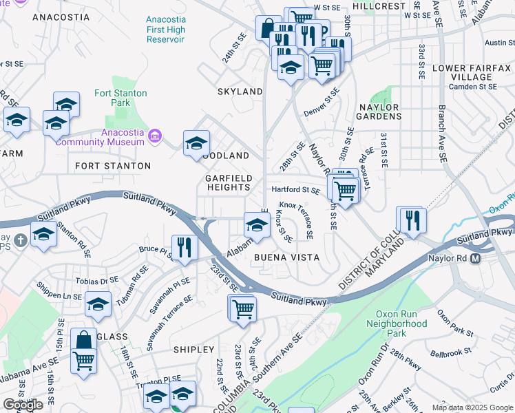 map of restaurants, bars, coffee shops, grocery stores, and more near 2472 Alabama Avenue Southeast in Washington