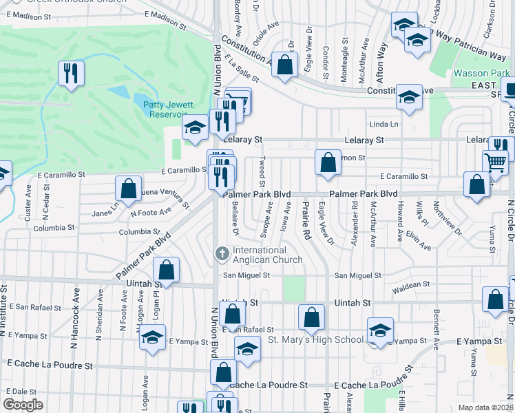 map of restaurants, bars, coffee shops, grocery stores, and more near 1403 Tweed Street in Colorado Springs