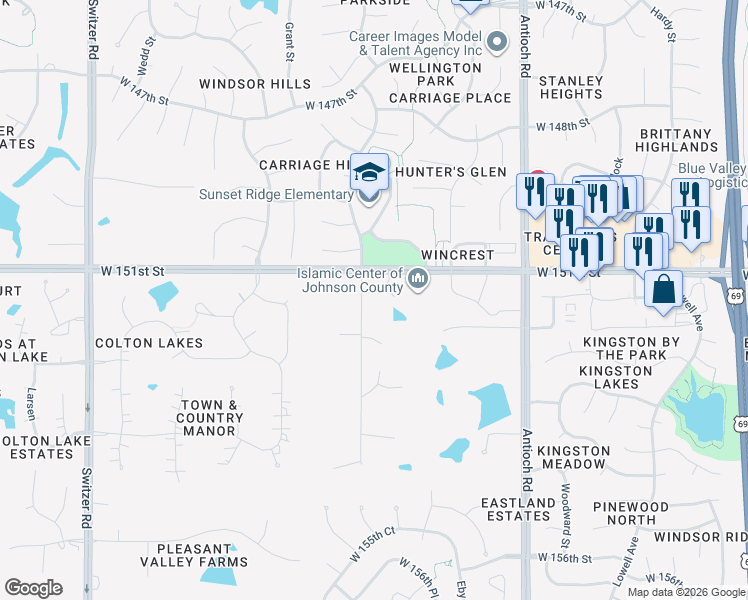 map of restaurants, bars, coffee shops, grocery stores, and more near 16220 England Street in Overland Park