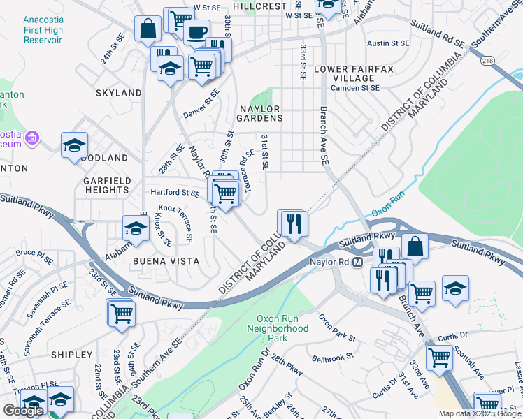 map of restaurants, bars, coffee shops, grocery stores, and more near 2825 31st Street Southeast in Washington