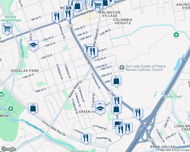 map of restaurants, bars, coffee shops, grocery stores, and more near 3401 19th Street South in Arlington