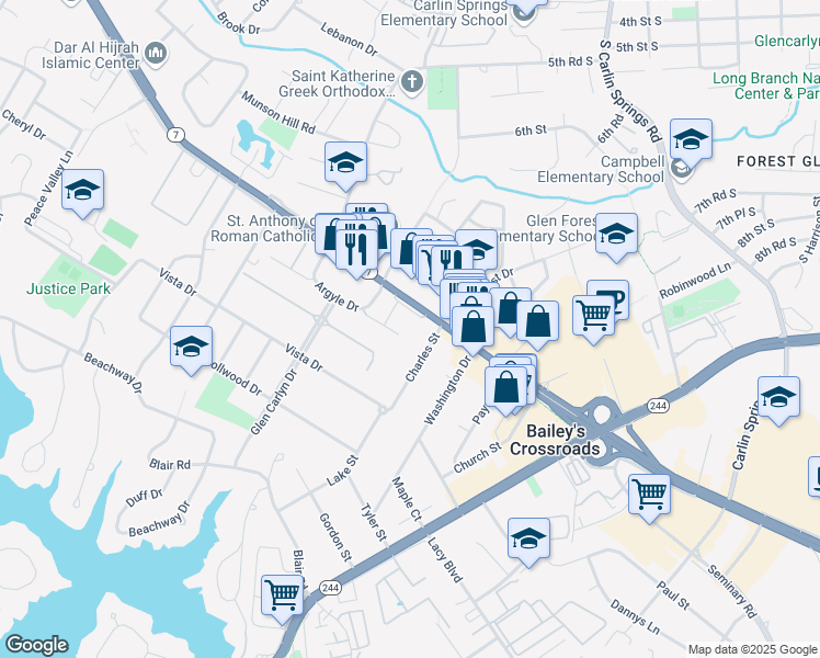 map of restaurants, bars, coffee shops, grocery stores, and more near 6086 Argyle Drive in Bailey's Crossroads