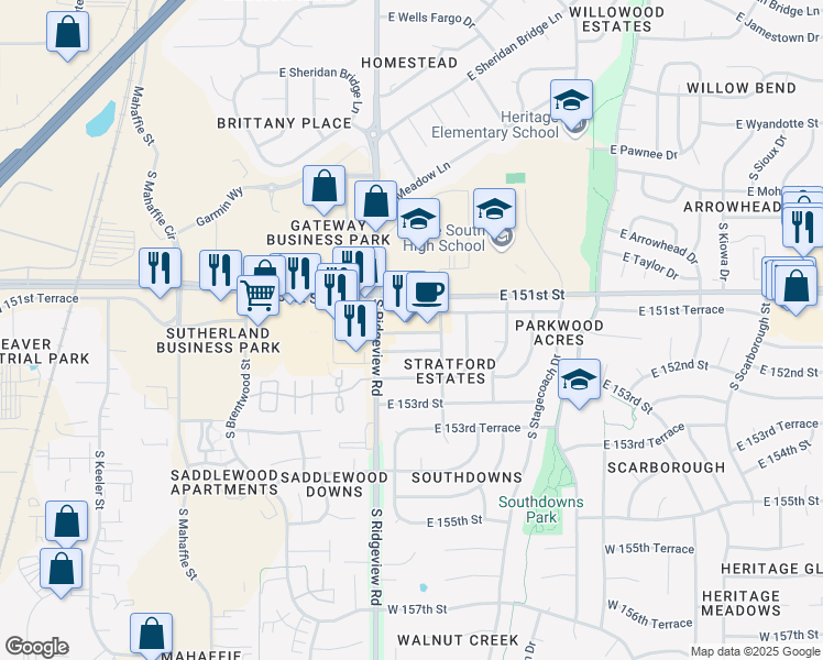 map of restaurants, bars, coffee shops, grocery stores, and more near 1320 East 152nd Street in Olathe