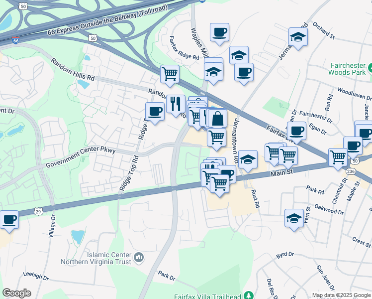 map of restaurants, bars, coffee shops, grocery stores, and more near 11310 Westbrook Mill Lane in Fairfax