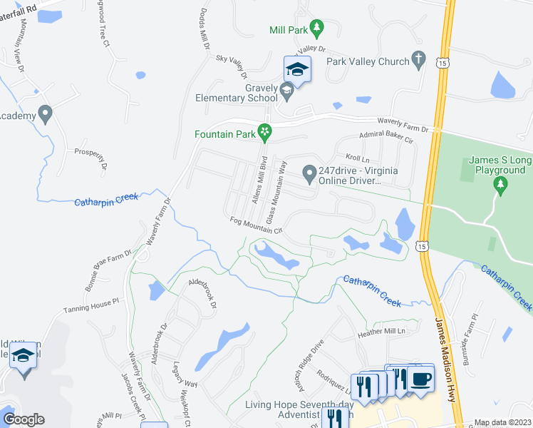 map of restaurants, bars, coffee shops, grocery stores, and more near 4760 Glass Mountain Way in Haymarket