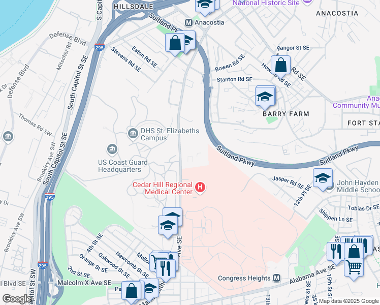 map of restaurants, bars, coffee shops, grocery stores, and more near 2720 Martin Luther King Junior Avenue Southeast in Washington