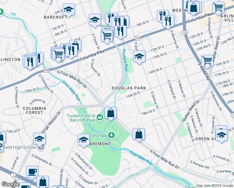map of restaurants, bars, coffee shops, grocery stores, and more near 4235 16th Street South in Arlington