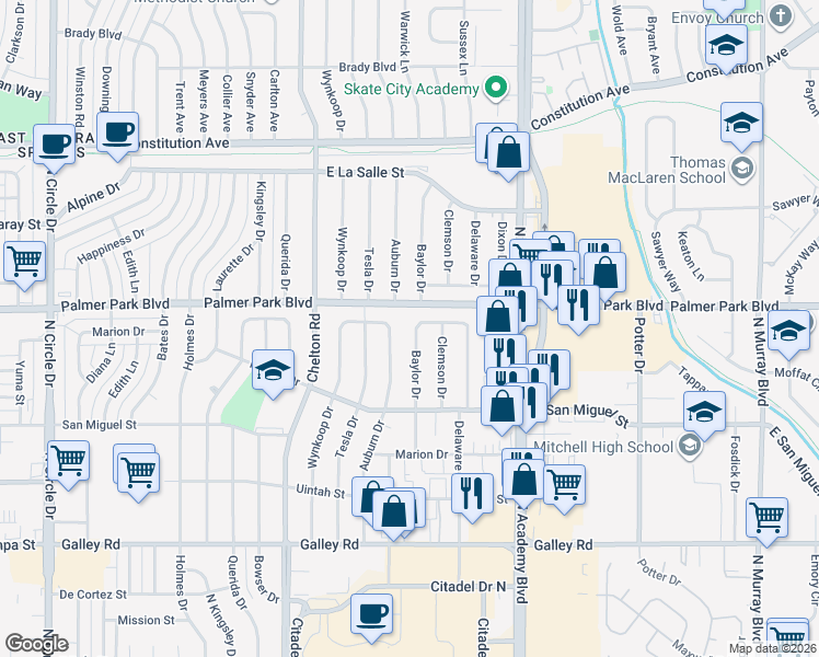 map of restaurants, bars, coffee shops, grocery stores, and more near 1406 Baylor Drive in Colorado Springs
