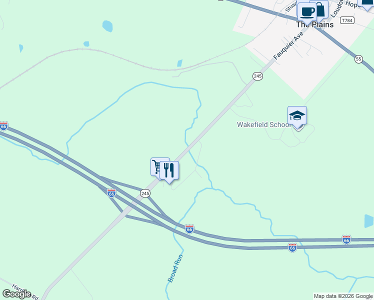 map of restaurants, bars, coffee shops, grocery stores, and more near 4516 Old Tavern Road in The Plains