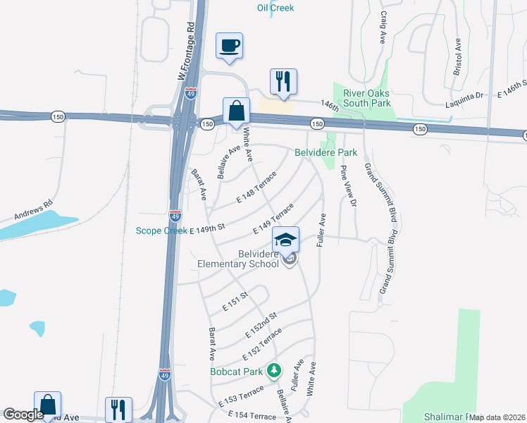 map of restaurants, bars, coffee shops, grocery stores, and more near 6211 East 149 Terrace in Grandview