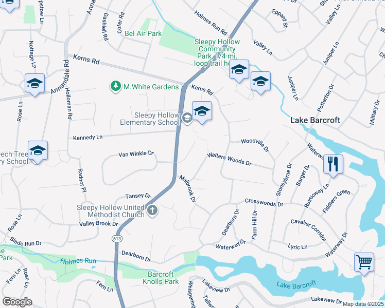 map of restaurants, bars, coffee shops, grocery stores, and more near 6213 Homespun Lane in Falls Church