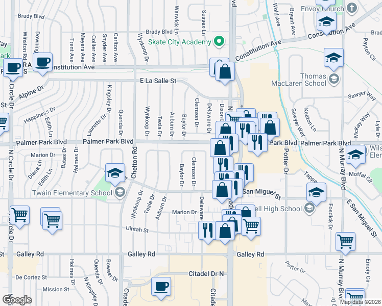 map of restaurants, bars, coffee shops, grocery stores, and more near 1407 Clemson Drive in Colorado Springs