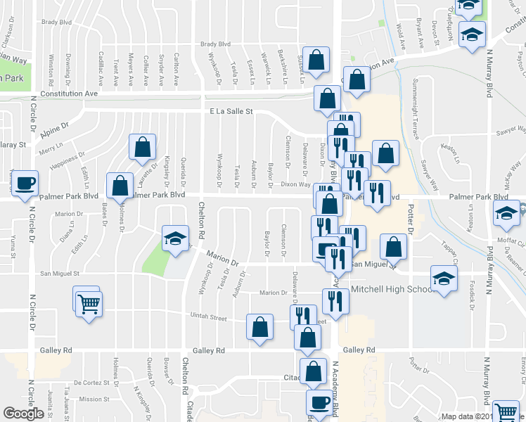 map of restaurants, bars, coffee shops, grocery stores, and more near 1406 Baylor Drive in Colorado Springs