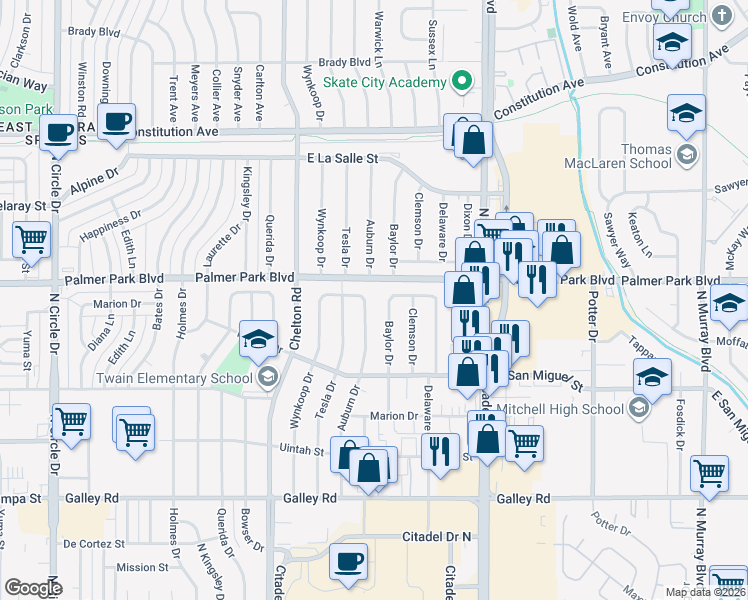 map of restaurants, bars, coffee shops, grocery stores, and more near 1406 Baylor Drive in Colorado Springs
