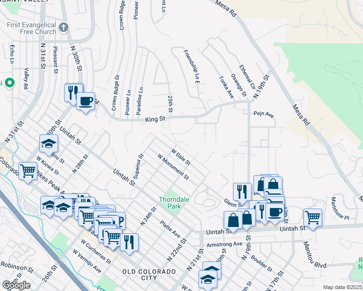 map of restaurants, bars, coffee shops, grocery stores, and more near 2423 West Dale Street in Colorado Springs