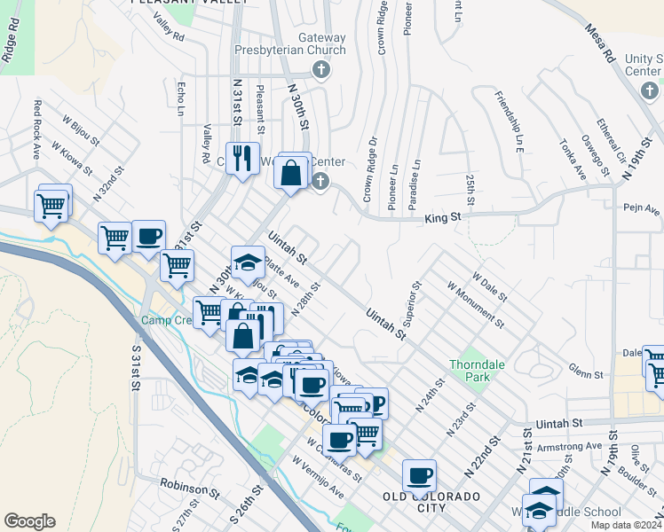 map of restaurants, bars, coffee shops, grocery stores, and more near 20 North 8th Street in Colorado Springs