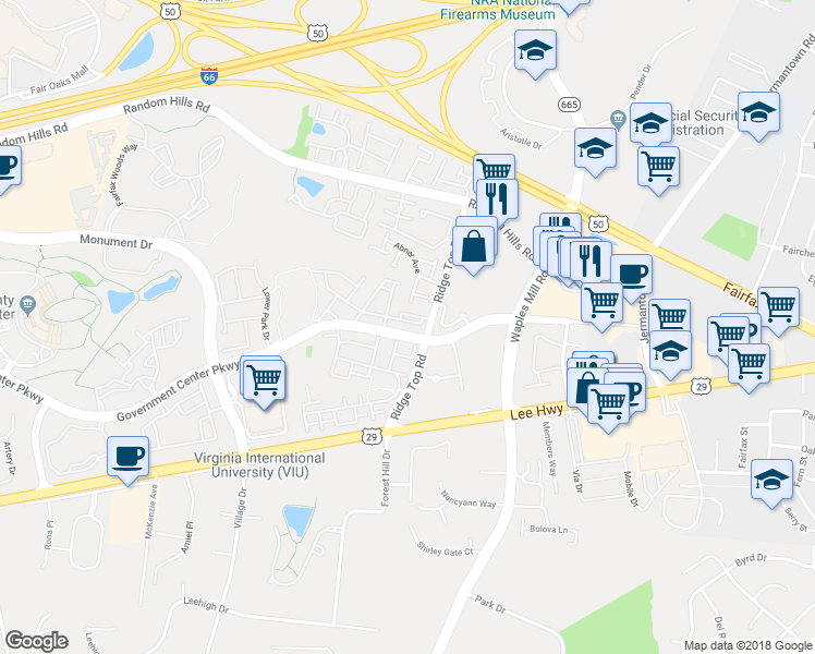 map of restaurants, bars, coffee shops, grocery stores, and more near 4205 Ridge Top Road in Fairfax
