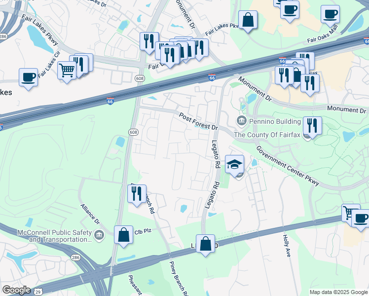 map of restaurants, bars, coffee shops, grocery stores, and more near 4508 Thornaby Way in Fairfax