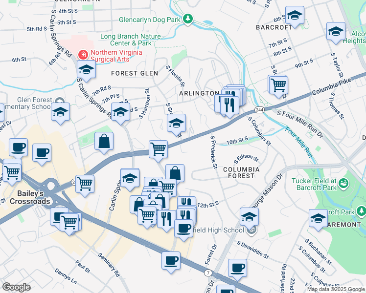 map of restaurants, bars, coffee shops, grocery stores, and more near 5500 Columbia Pike in Arlington
