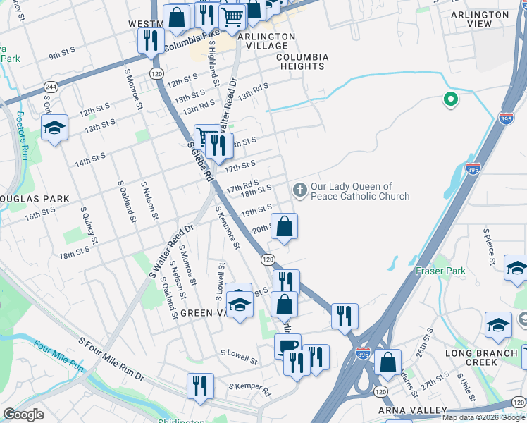 map of restaurants, bars, coffee shops, grocery stores, and more near 3000 19th Street South in Arlington