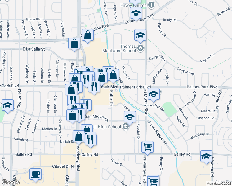 map of restaurants, bars, coffee shops, grocery stores, and more near 1429 Potter Drive in Colorado Springs