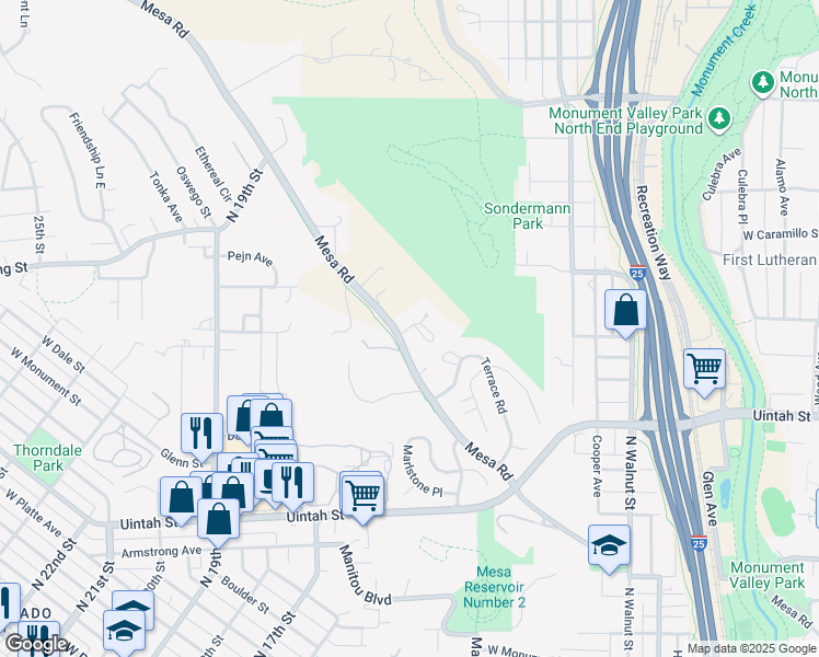 map of restaurants, bars, coffee shops, grocery stores, and more near 1310 Mesa Road in Colorado Springs