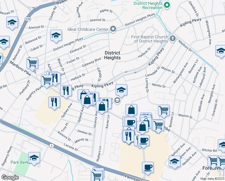 map of restaurants, bars, coffee shops, grocery stores, and more near in District Heights