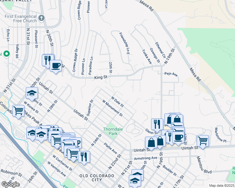 map of restaurants, bars, coffee shops, grocery stores, and more near 2423 West Dale Street in Colorado Springs