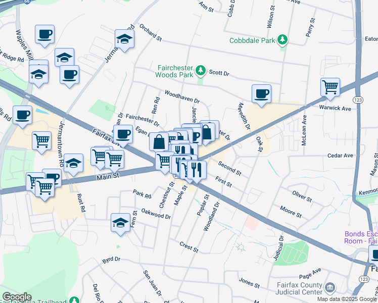 map of restaurants, bars, coffee shops, grocery stores, and more near 10940 Lee Highway in Fairfax