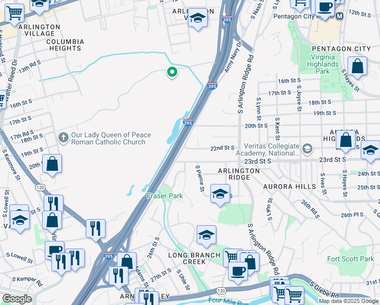 map of restaurants, bars, coffee shops, grocery stores, and more near 1612 22nd Street South in Arlington
