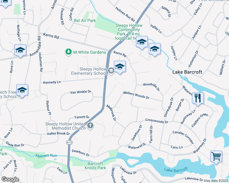 map of restaurants, bars, coffee shops, grocery stores, and more near 6213 Homespun Lane in Falls Church