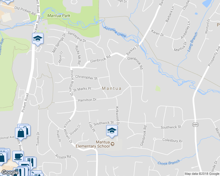 map of restaurants, bars, coffee shops, grocery stores, and more near 9103 Santayana Drive in Fairfax
