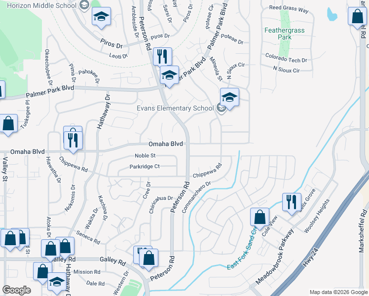map of restaurants, bars, coffee shops, grocery stores, and more near 1540 Peterson Road in Colorado Springs