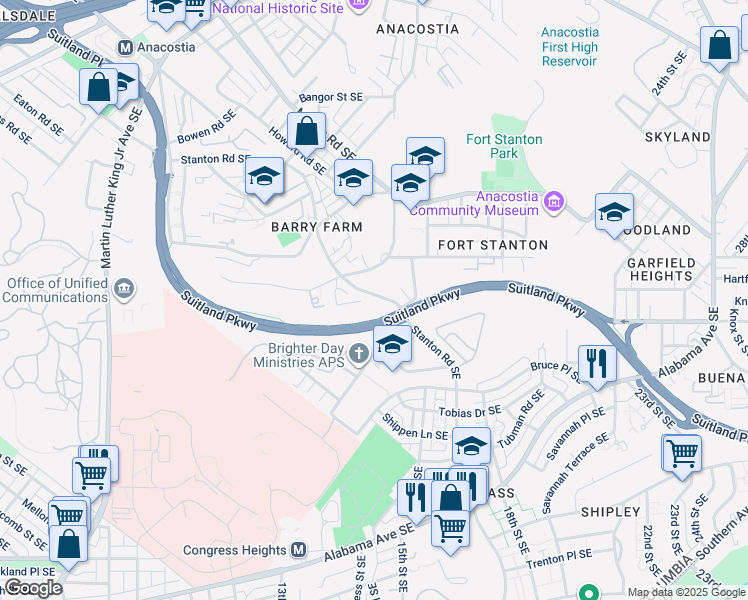 map of restaurants, bars, coffee shops, grocery stores, and more near 3019 Stanton Road Southeast in Washington