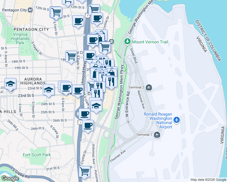 map of restaurants, bars, coffee shops, grocery stores, and more near Service Road in Arlington