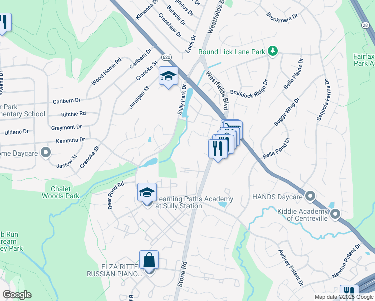 map of restaurants, bars, coffee shops, grocery stores, and more near 14680 Stone Crossing Court in Centreville