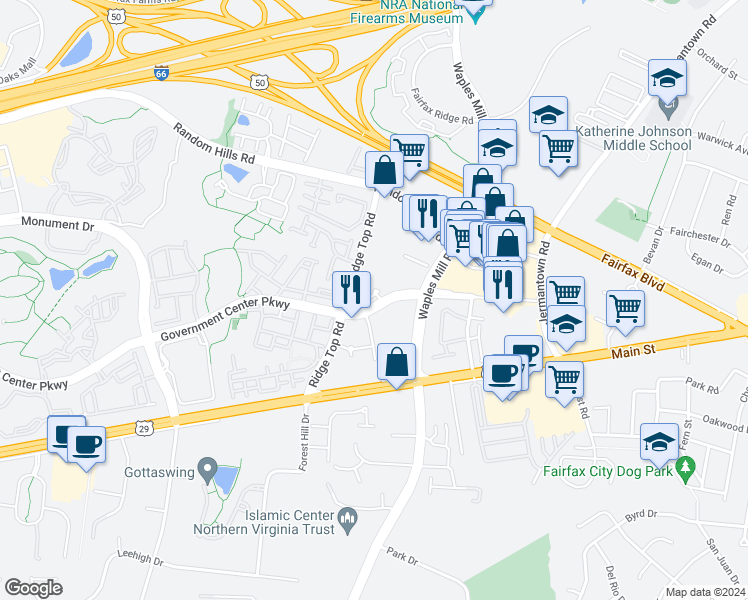map of restaurants, bars, coffee shops, grocery stores, and more near 11357 Ridgeline Road in Fairfax